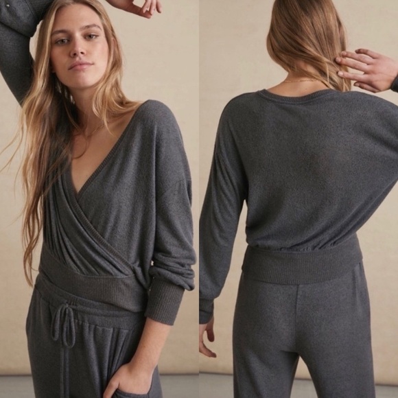 Anthropologie Grey Rocio Surplice Knit Sweater Top Size Small Cozy Balletcore - Picture 1 of 6